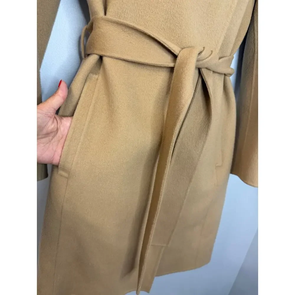 Theory Wilrose New Divide Wool Cashmere Wool Hooded Belted Wrap Coat Tan Sz S - Picture 4 of 14
